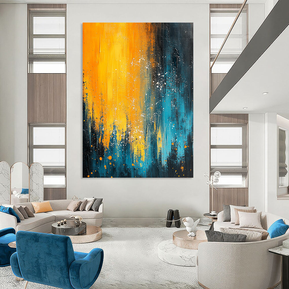 Contemporary abstract painting featuring blue and yellow hues with organic white splashes evokes nature's essence through fluid movement and depth. DLZ0353