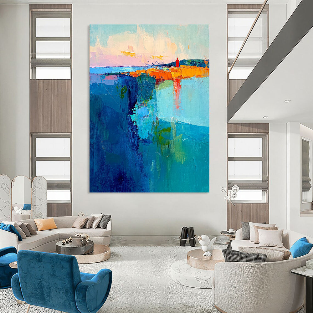 Contemporary abstract canvas showcases swirling teal and blue brushstrokes with a pastel sky and a striking red lighthouse embodying energy and tranquility. DLZ0363