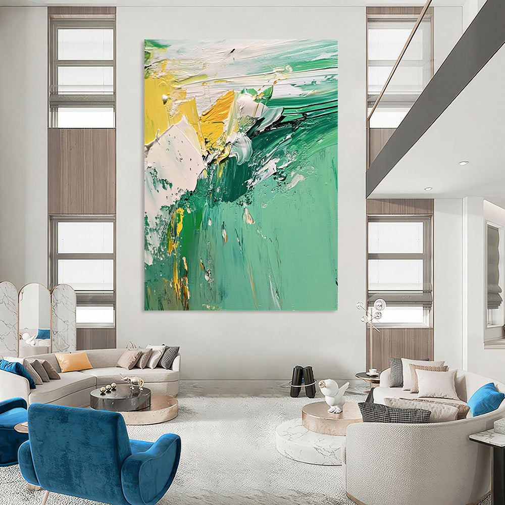 Contemporary abstract artwork featuring a vibrant green and white landscape with textured seafoam created using thick oil and acrylic paint techniques. DLZ0598