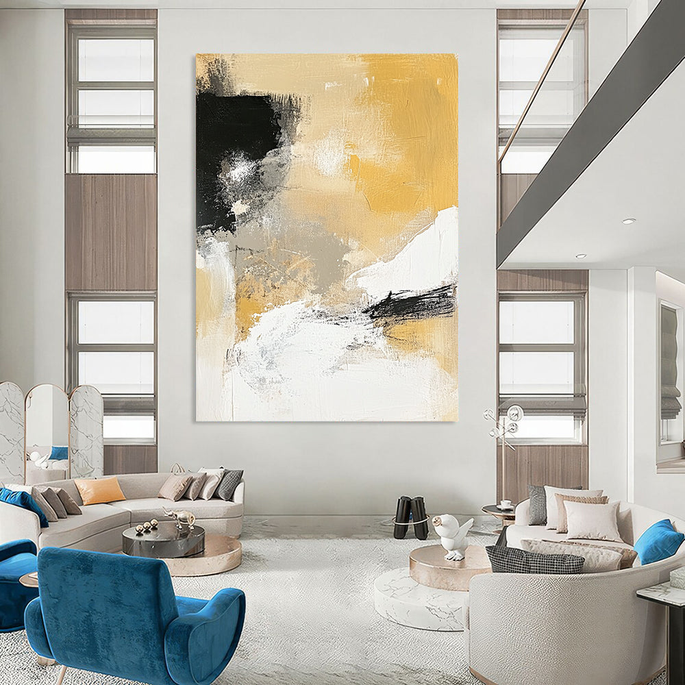 Contemporary hand-painted abstract artwork featuring neutral tones in black and white combined with vibrant yellow for a striking visual impact. DLZ0278