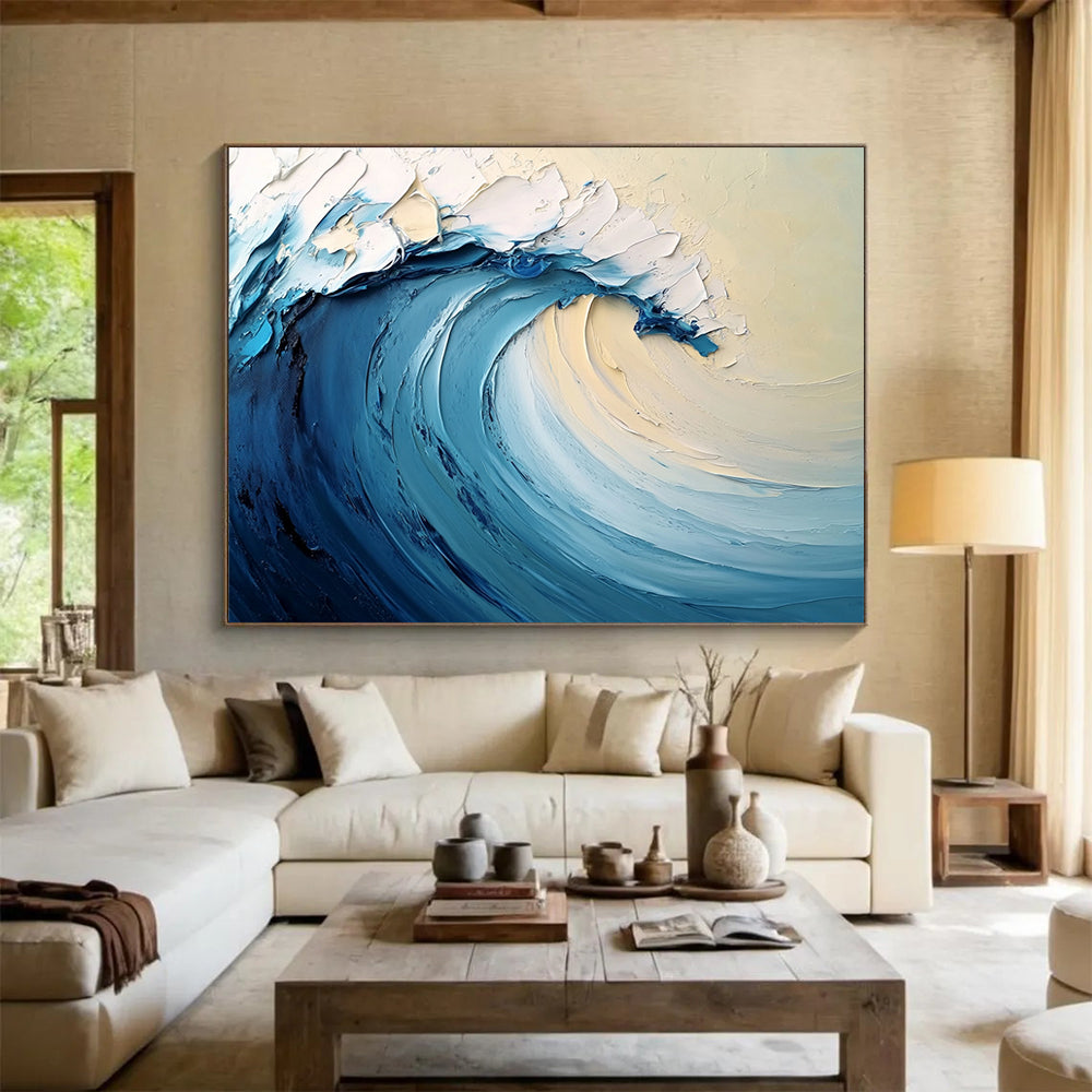 “Smooth Ocean Wave” - Blue, White, Beige, Abstract Surf - Palette Knife Oil Painting HB1505