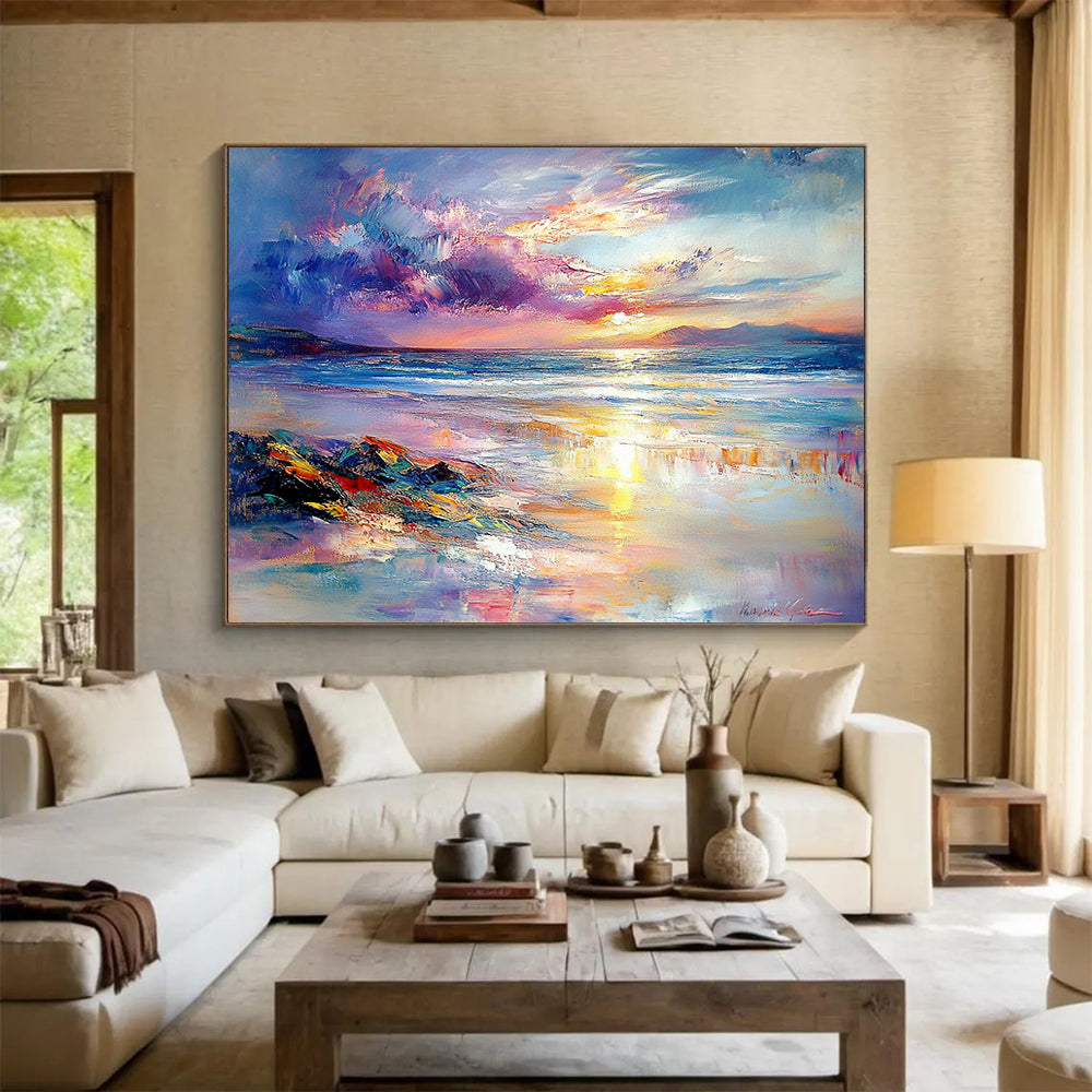 “Colorful Coastal Sunset” - Purple, Pink, Orange, Blue, Beach and Sky - Impasto Oil Painting HB1702