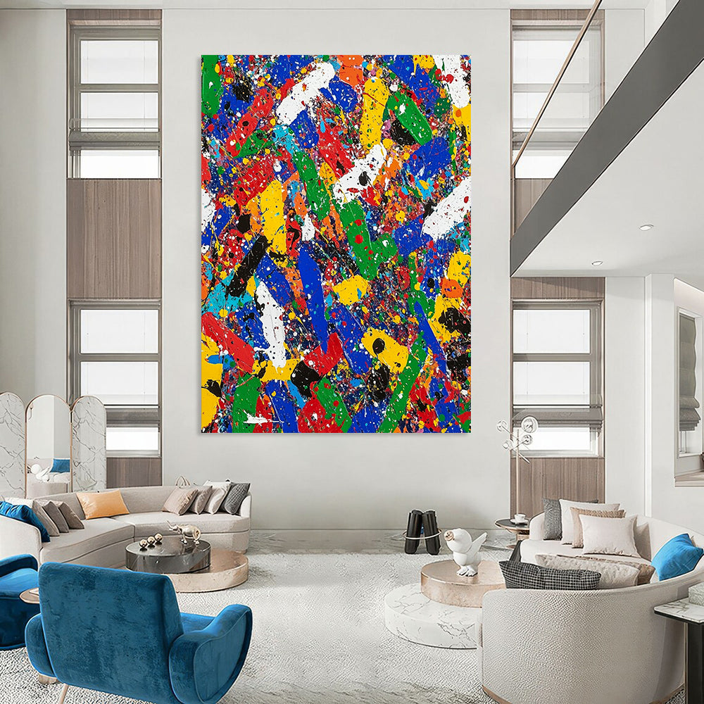 Contemporary hand-painted abstract art filled with vibrant colors and dynamic shapes evoking emotions of excitement and nostalgia in a captivating landscape. DLZ1176