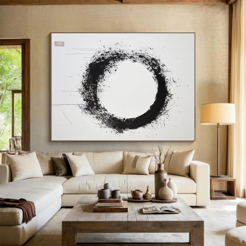 Black & Gray Splattered Circular Ink - “Subtle Enso Depth” Painting On Canvas HB248