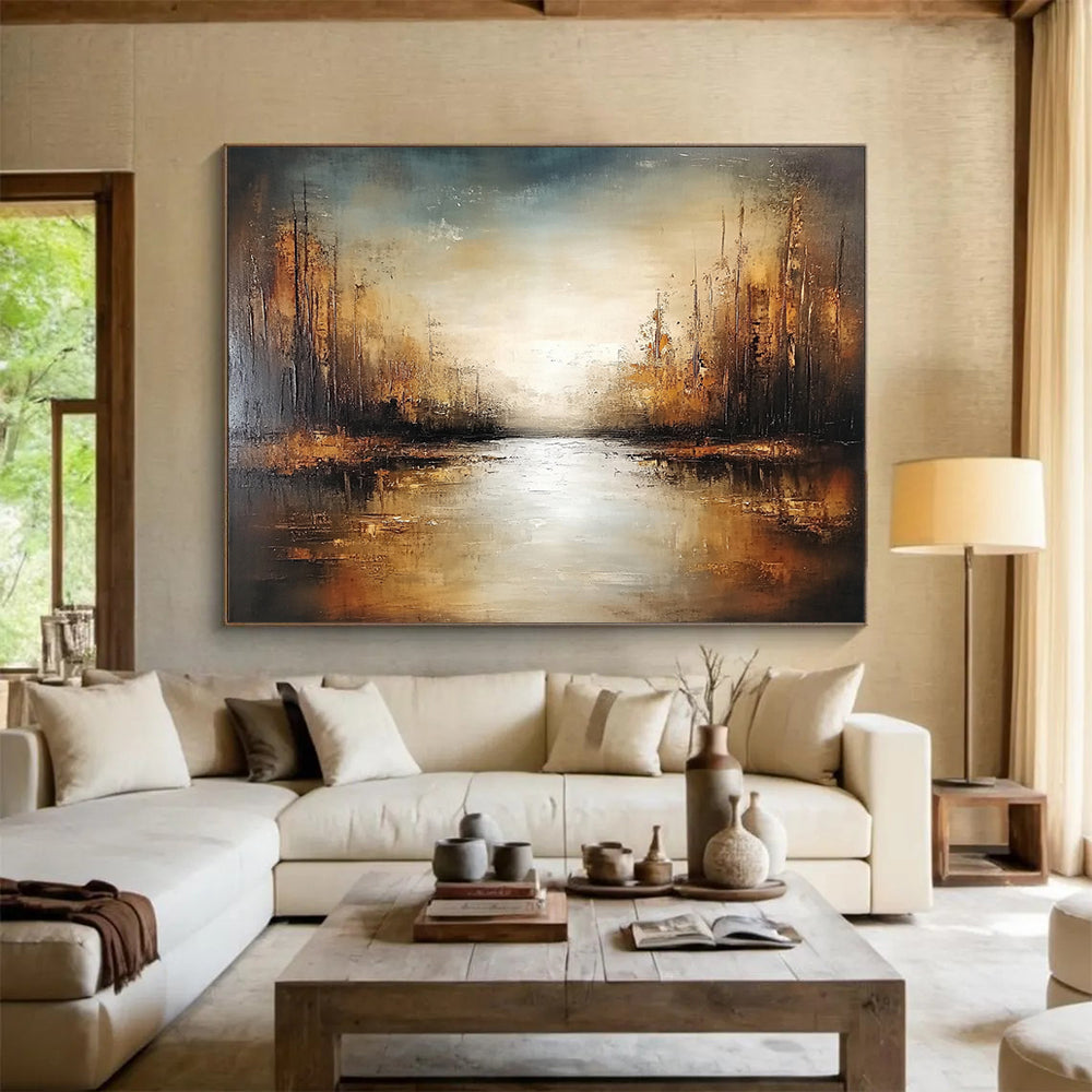 “Golden Forest Stream” - Brown, Gold, Gray, Sunlit Trees and Reflective Stream Painting On Canvas HB0929