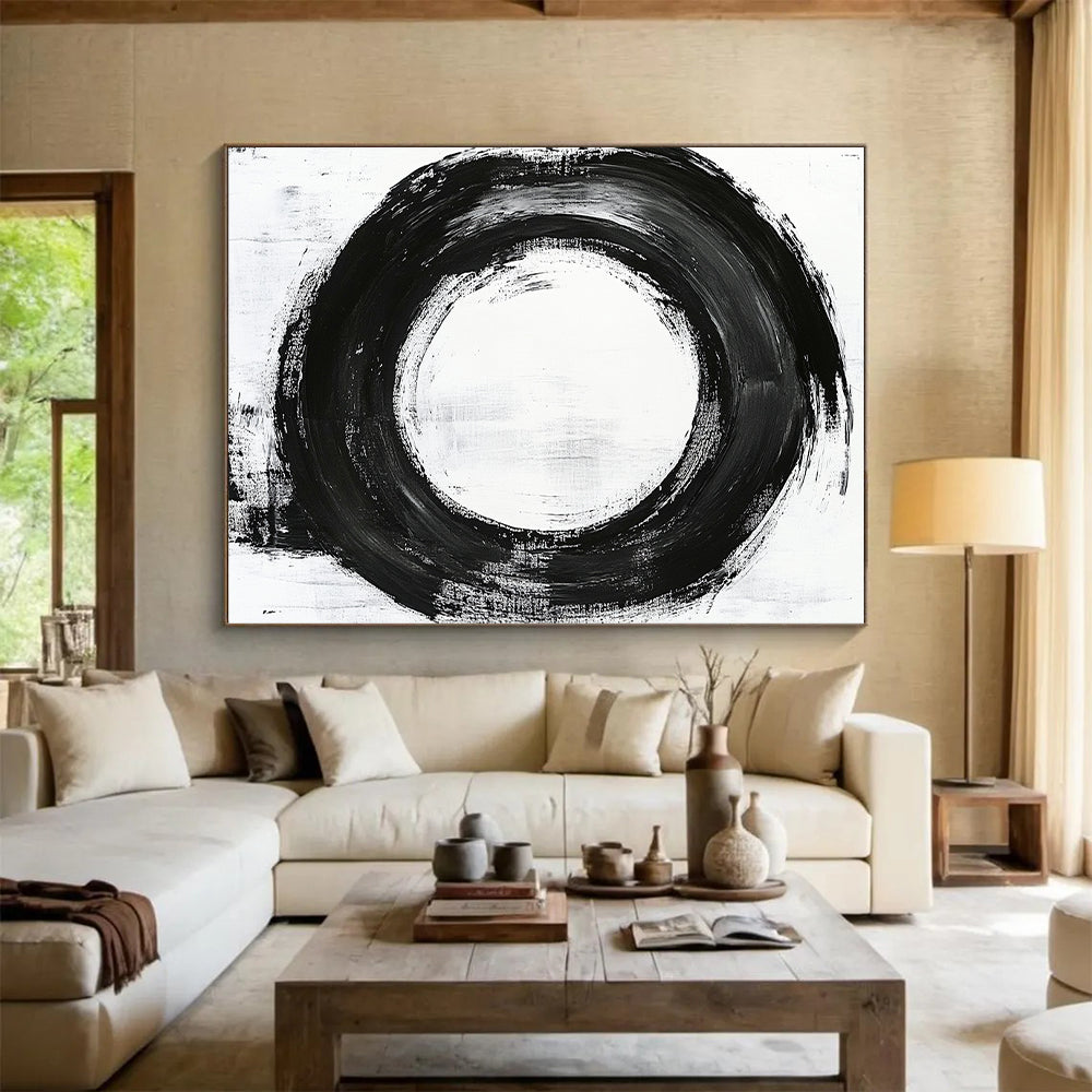 Black, White, Refined Circular Stroke "Pure Enso" Abstract Minimalist Painting On Canvas HB045