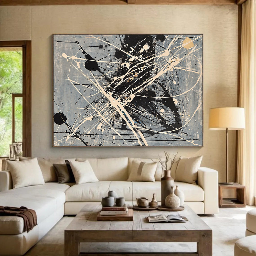 Gray, Black, White, Gold, Splattered Lines "Celestial Web" Abstract Pollock - Inspired Painting On Canvas HB052