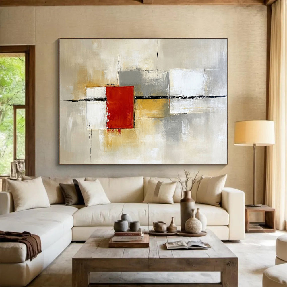 “Geometric Abstract in Neutral Tones” - Beige, gray, white, red; Geometric abstract with a central red square; Acrylic Painting On Canvas HB1257