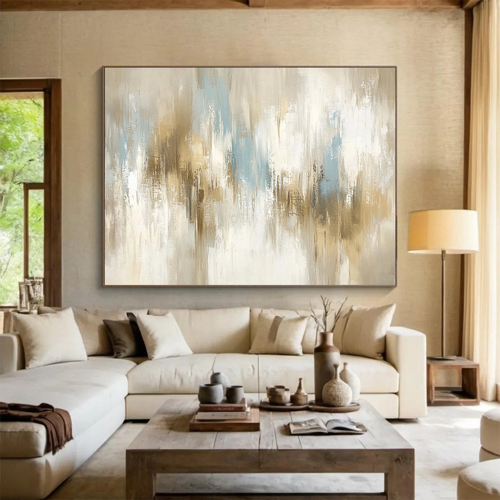 “Soft Neutral Abstract Strokes” - Beige, Gray, Blue, Subtle Abstract Brushstrokes Painting On Canvas HB0967