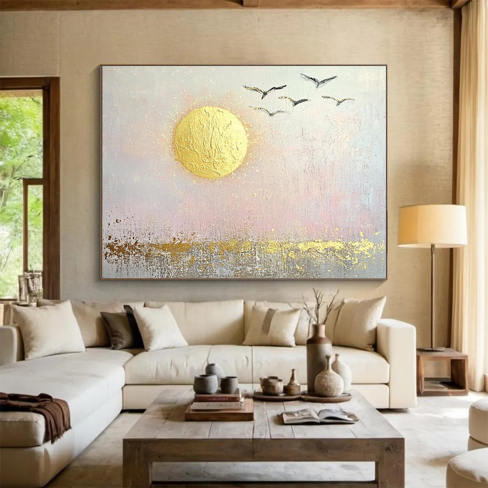 “Golden Sun and Birds” - Gold, pink, gray; Abstract sun and birds; Textured Acrylic Painting On Canvas HB1194