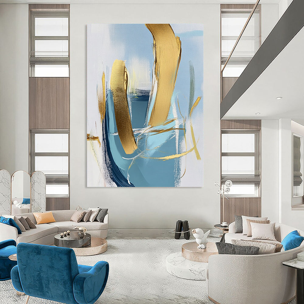 Contemporary hand-painted abstract art featuring a close-up of an armchair with gold foil accents on a light blue and white background. DLZ0573