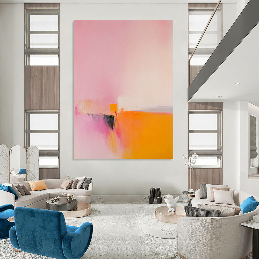 Contemporary abstract painting featuring muted pinks and yellows with soft oranges and minimalism showcasing an abstract dragon head under a vast sky. DLZ1657