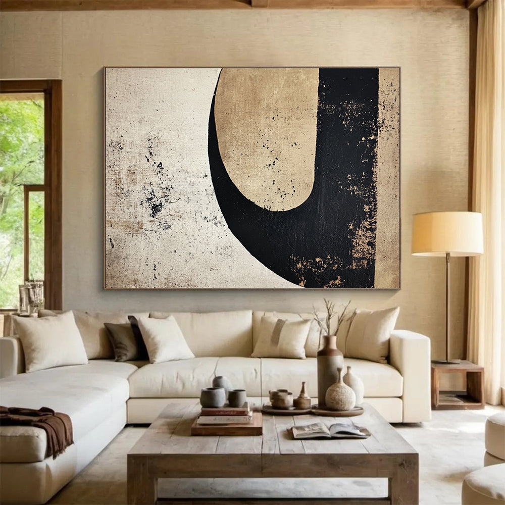 Neutral Tones with Black and Beige Shapes - Minimalist Abstract Painting On Canvas HB0492