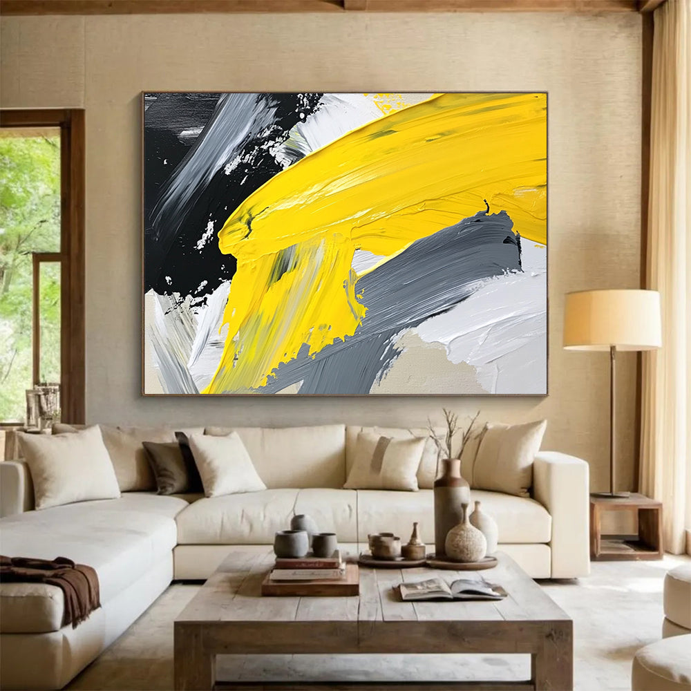 “Yellow - Gray Layered Abstraction” - Yellow, Gray, White, Textured Color Blocks - Acrylic Painting HB1627