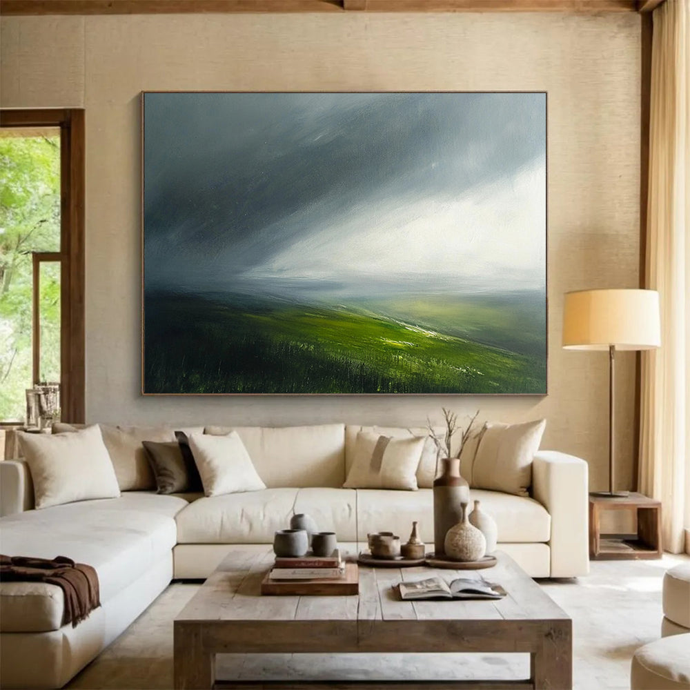 “Misty Moorland” - Gray, Green, Abstract Atmospheric Landscape Painting On Canvas HB1087