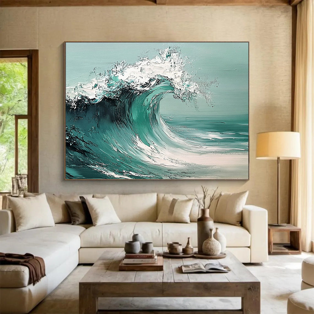 “Dynamic Teal Wave” - Teals, Whites, Greens, Ocean Wave - Palette Knife Oil Painting HB1580