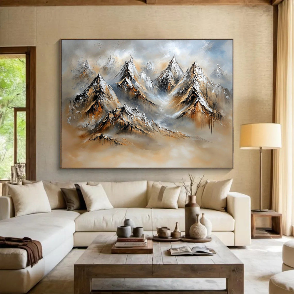 “Textured Mountain Landscape” - Snowy peaks, earthy tones, misty background, Textural Landscape Painting On Canvas HB0602