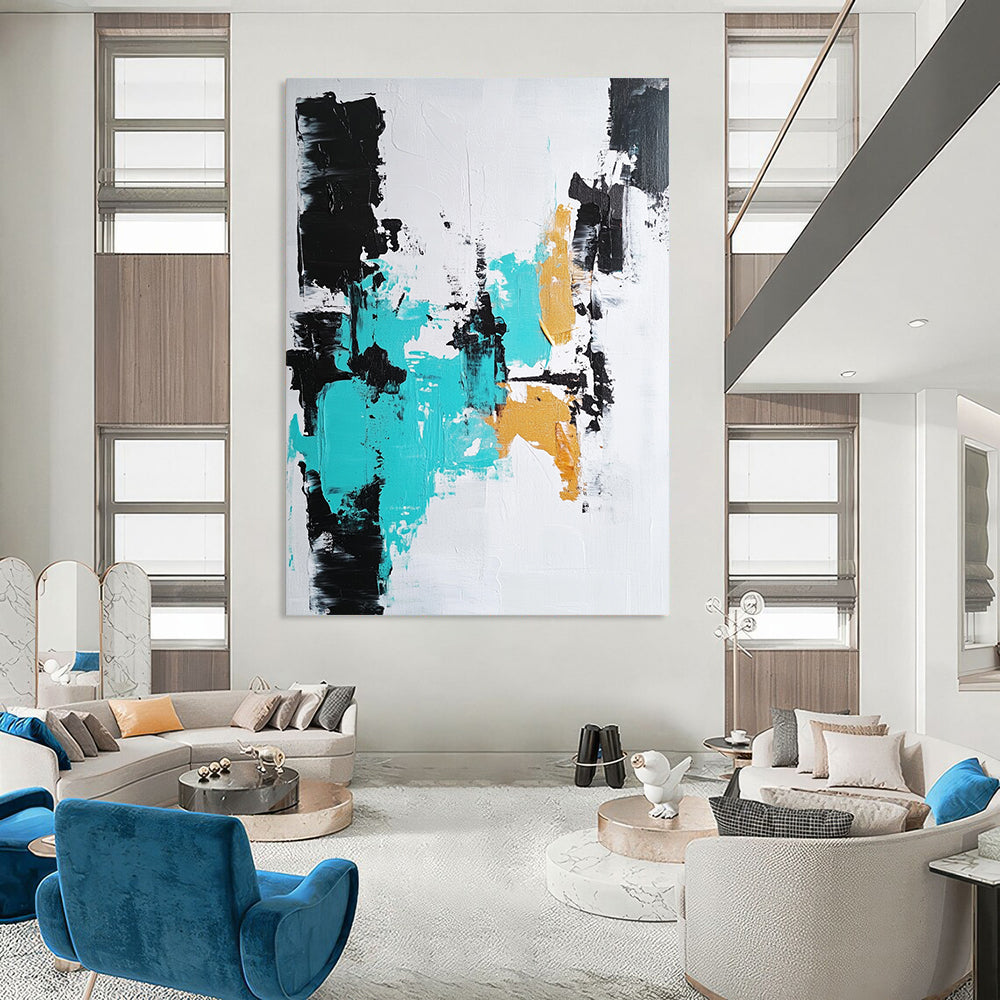 Contemporary hand-painted abstract artwork featuring bold brushstrokes in black, white, and teal, perfect for modern decor. DLZ0819