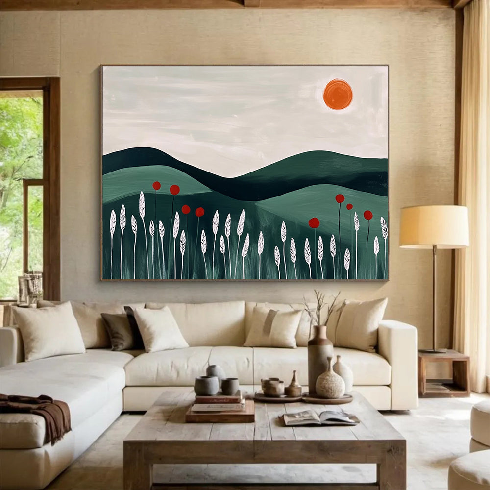 “Minimalist Green Hills” - Blocky green hills, white plants, and an orange sun, Minimalist Landscape Painting On Canvas HB0547