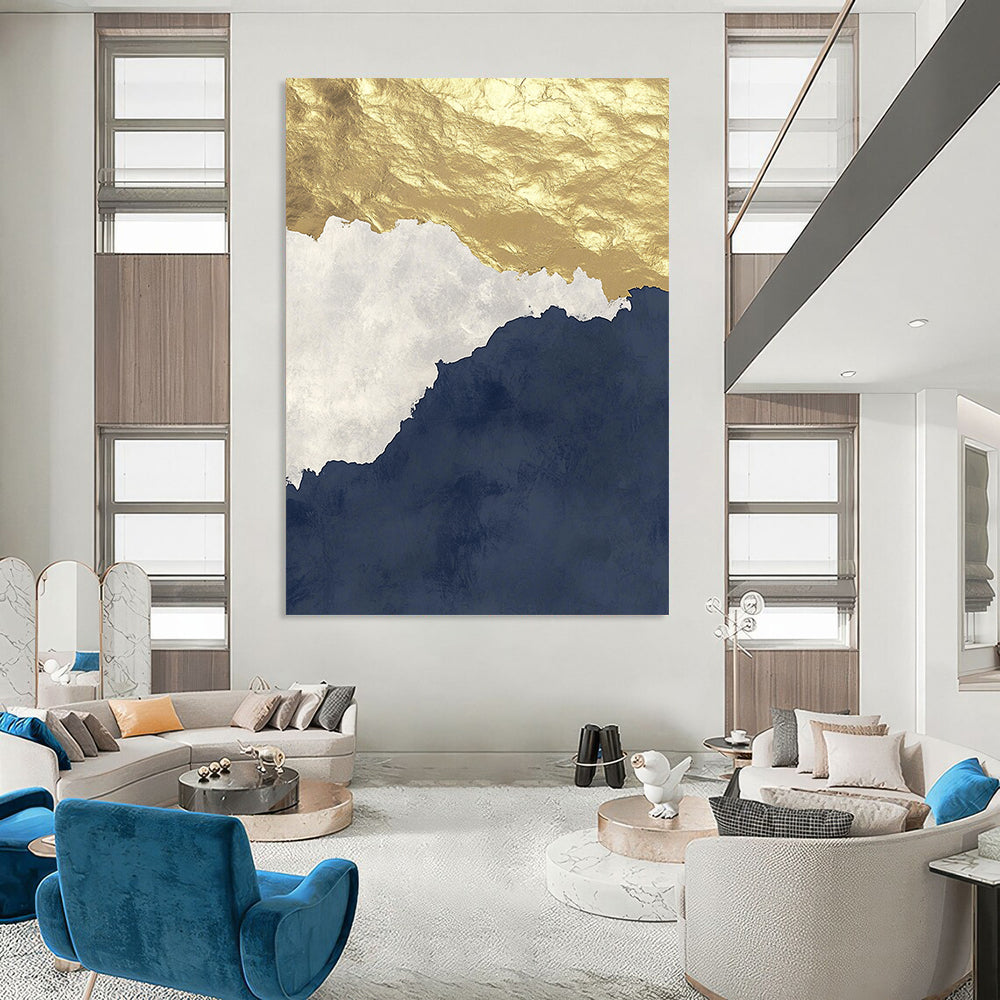 Contemporary abstract artwork features gold and navy tones on a white background with calming waves and dark grey gradient effects with golden foil accents. DLZ0268