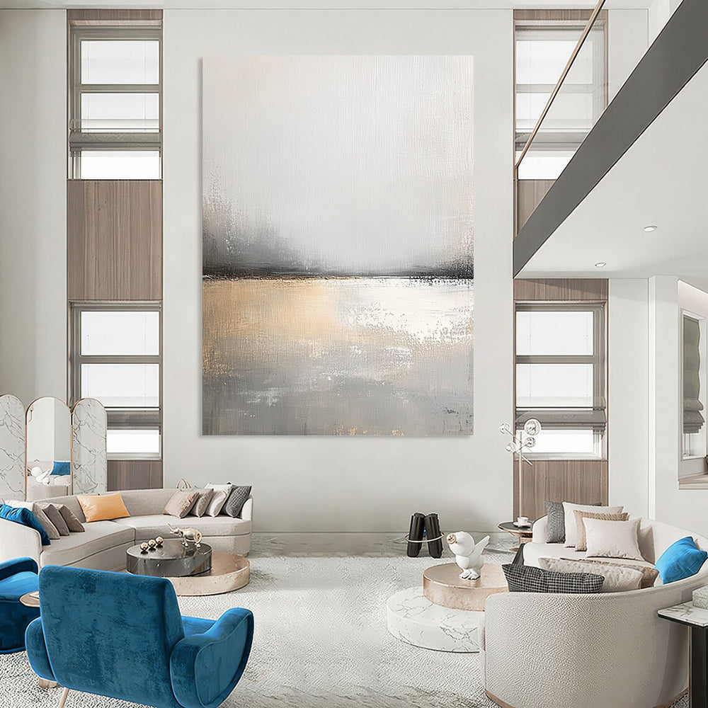 Large contemporary hand-painted abstract artwork features serene gray and white tones with soft brushstrokes and a calming effect that enhances tranquil spaces. DLZ0403