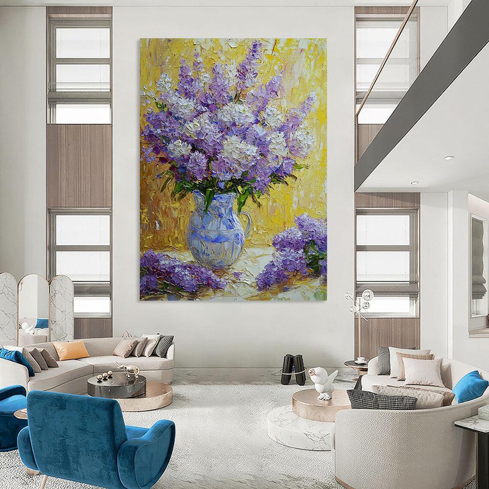 Contemporary hand-painted abstract art featuring vibrant purple and white flowers in a rich impressionist style with soft textured petals and a beautiful yellow background. DLZ1288