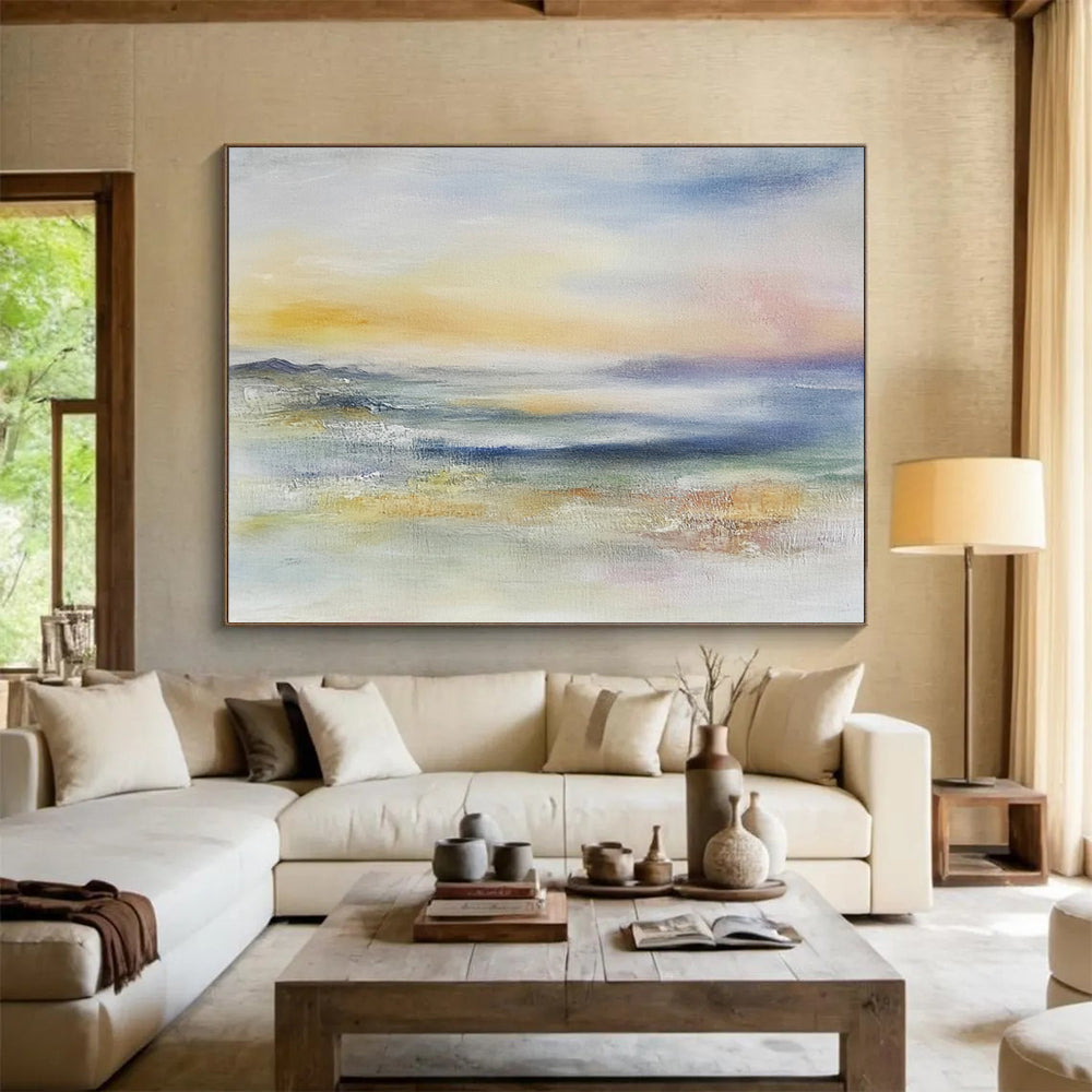 “Dreamy Horizon” - Yellow, Pink, Blue, Subtle Sky and Water Painting On Canvas HB0942