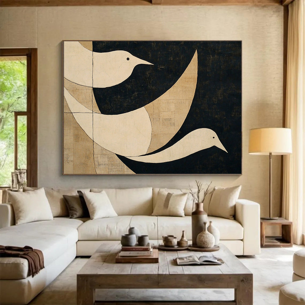 “Minimalist Birds” - White, black, beige, Minimalist Animal Painting HB0635