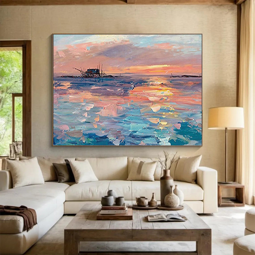 Sunset Sea Shack Oil Painting - Coastal Living Room or Office Art DLZ205