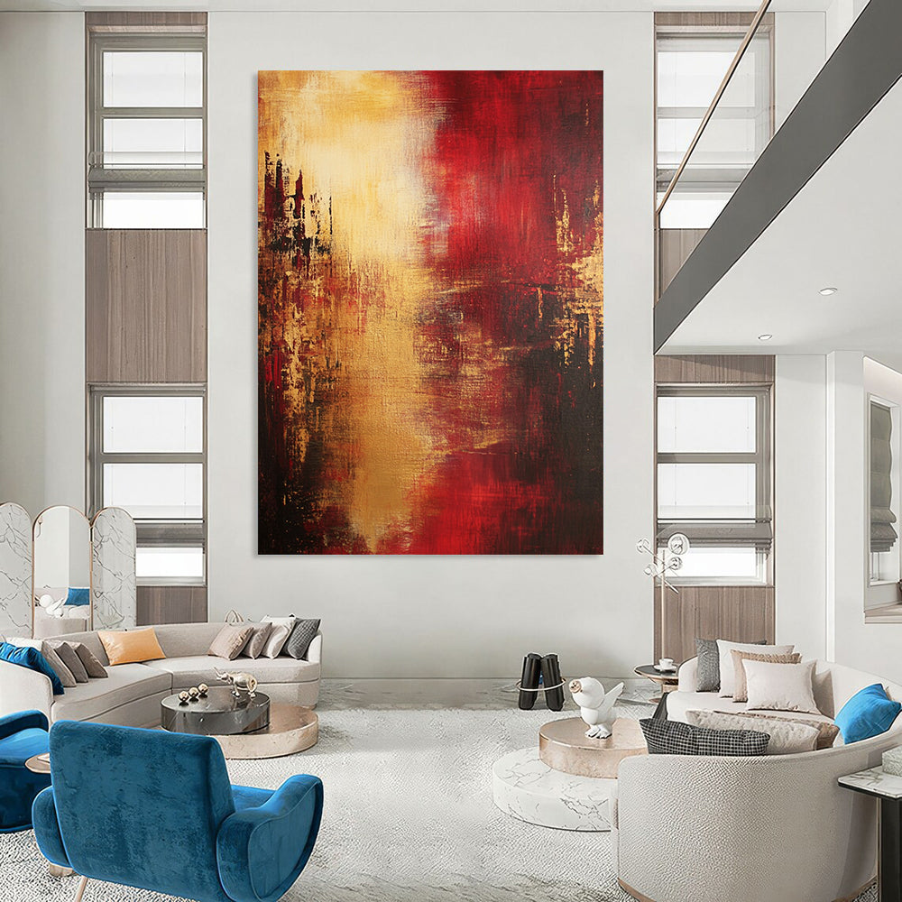 Contemporary hand-painted abstract artwork features atmospheric reds and yellows with an impressionistic cityscape embodying emotional depth and dramatic lighting. DLZ0693