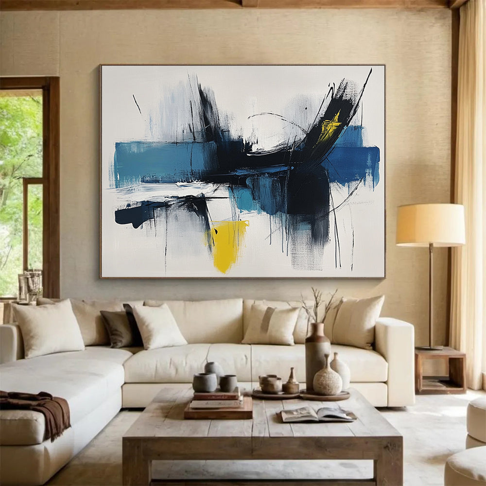 “Dynamic Blue - Black Strokes” - Blue, Black, Yellow, Expressive Brushstrokes - Abstract Expressionist Acrylic Painting HB1519