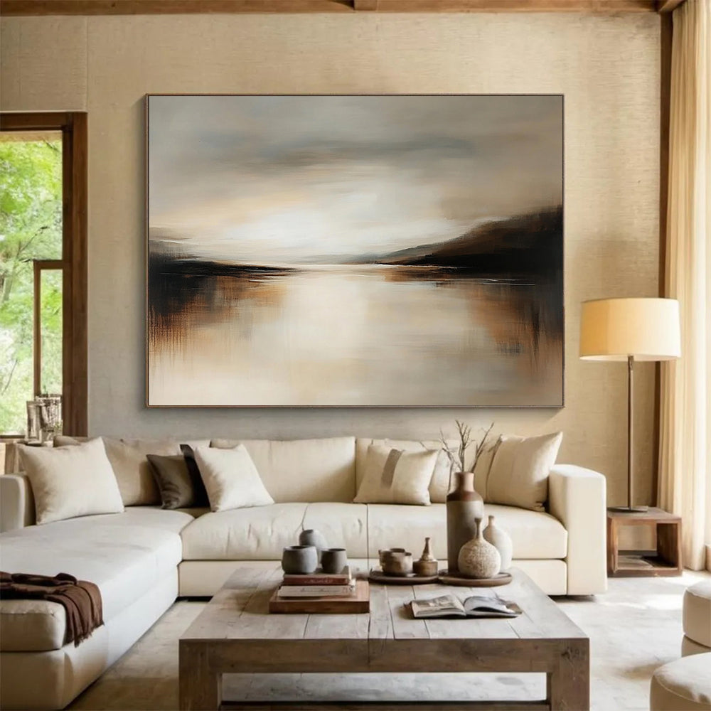 “Neutral Water Mirror” - Warm Beiges, Browns, and Muted Grays, Calm Water Reflecting a Subtle Sky Painting On Canvas HB0913