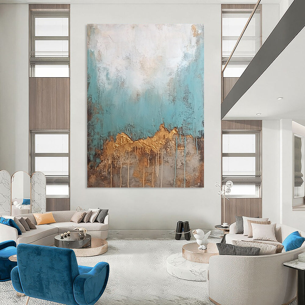 Contemporary hand-painted abstract art featuring an old textured wall with peeling teal and brown paint contrasted by a clean white top with golden drips. DLZ0905