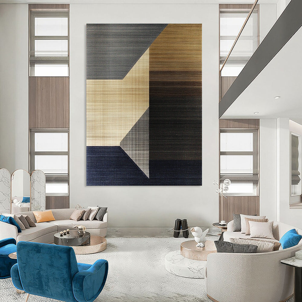 Contemporary abstract artwork with geometric shapes in earthy tones featuring soft browns and greys contrasted with dark navy and delicate line-drawn squares. DLZ1453