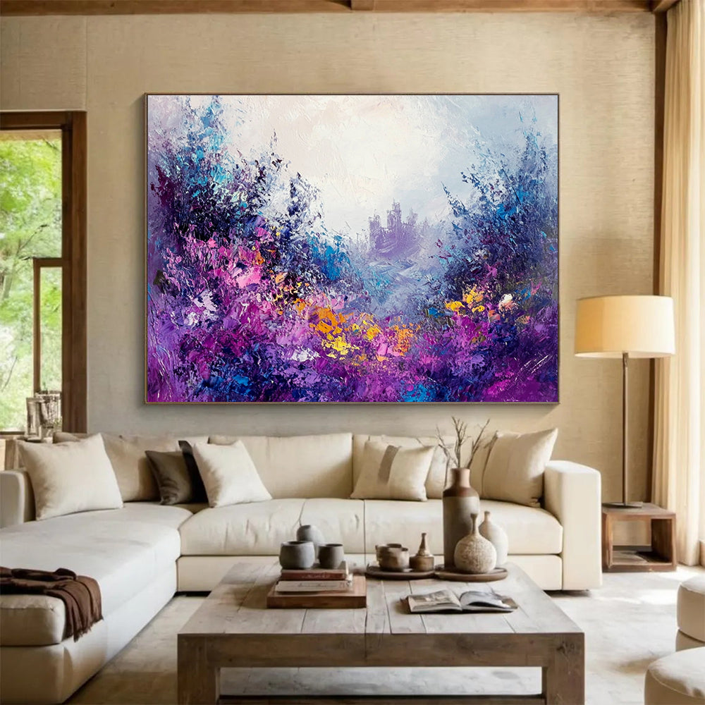 Purple - Hued Floral Fantasy with Castle - Dreamy Impasto Landscape Painting On Canvas HB0436