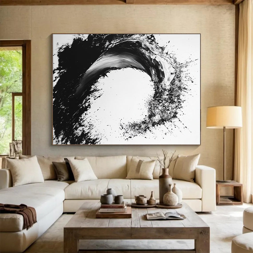 Black & White Ink Wave - “Powerful Ocean Ink” Painting On Canvas HB235