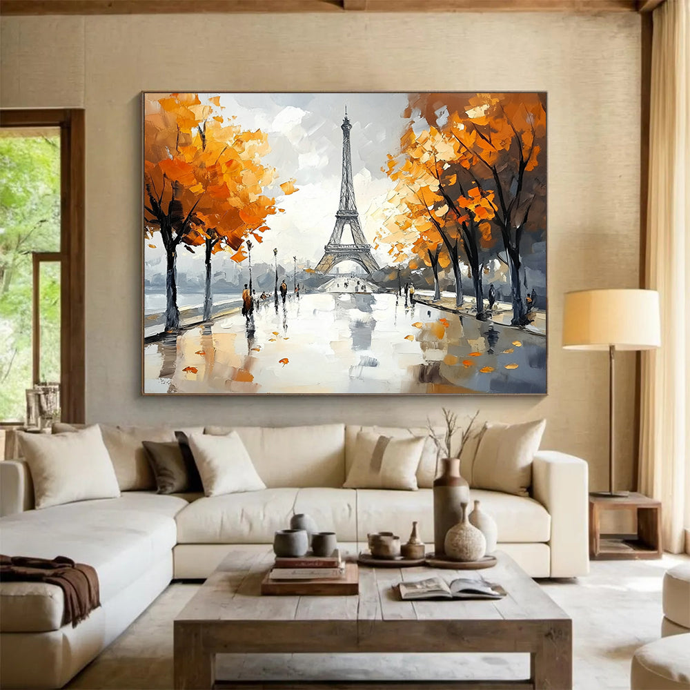 Gray, Orange, Blue and White Eiffel Tower Scene "Parisian Autumn" Painting On Canvas HB0665