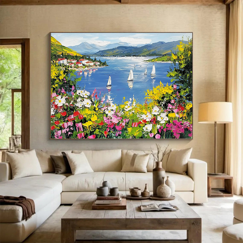 “Vibrant Lakeside Village” - Blue, Green, Yellow, Floral Landscape Painting On Canvas HB0686