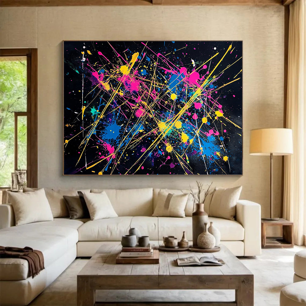 Black, Colorful Splashes, Yellow Lines "Fiesta Explosion" Abstract Painting On Canvas HB029