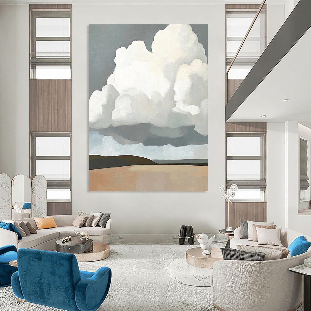 Abstract oil painting featuring large white clouds above a grey brown landscape in a minimalist style inspired by contemporary art. DLZ1681