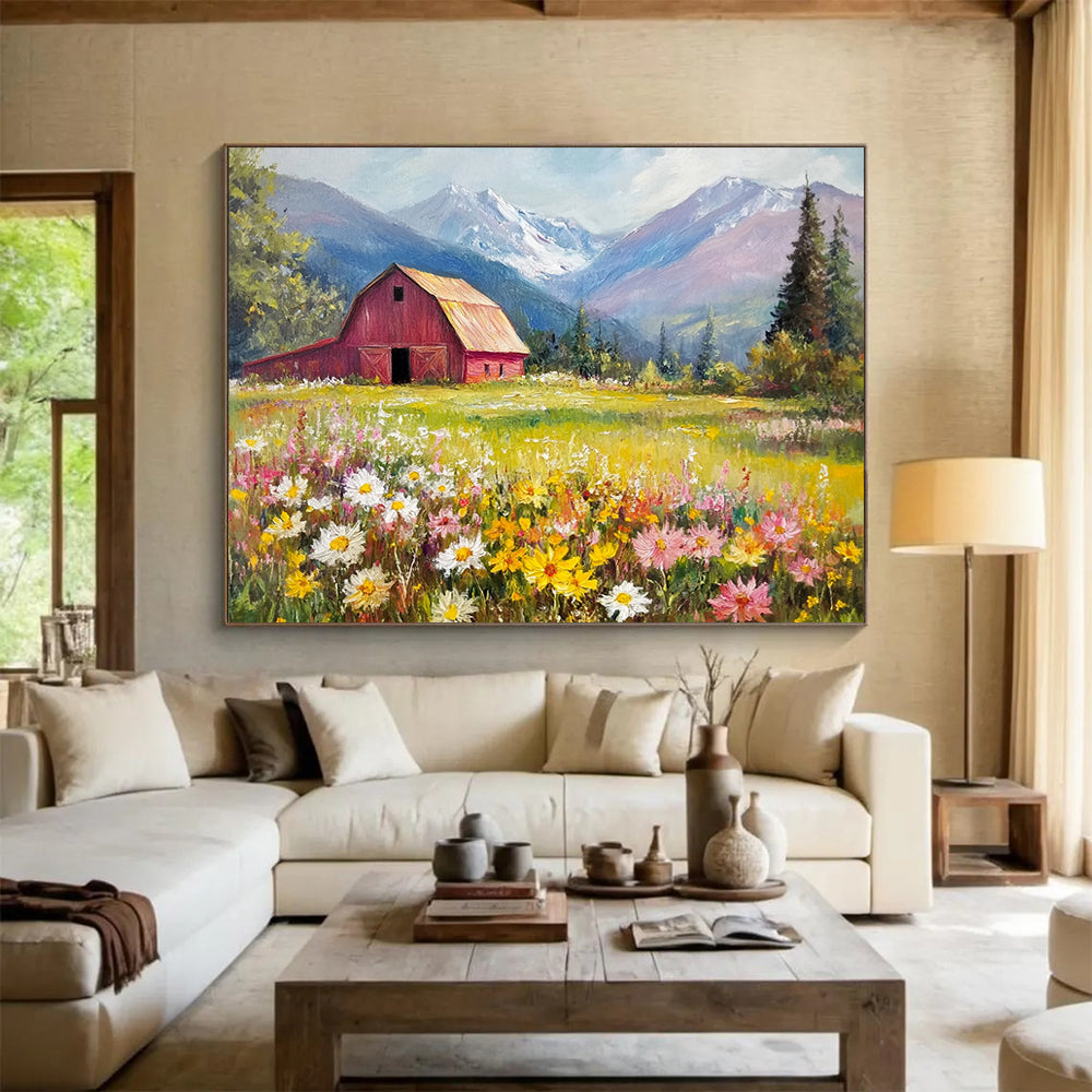 “Mountain Valley Barn” - Lush Greens, Yellows, Pinks, Barn in Flower - Filled Valley - Romantic Oil Painting HB1692