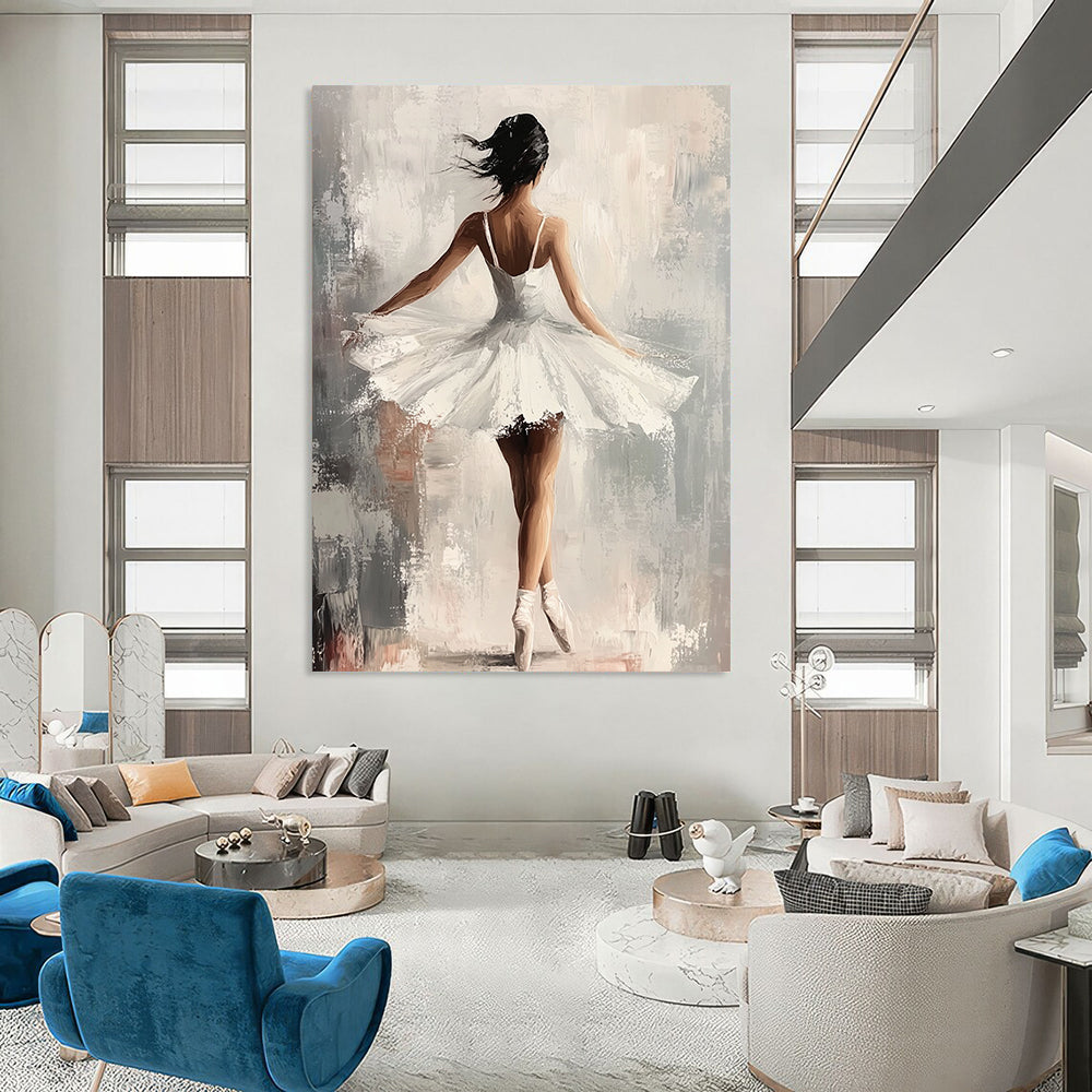 Contemporary hand-painted abstract art featuring an elegant ballerina in a white dress with graceful movements set against a soft gray and neutral background. DLZ1121
