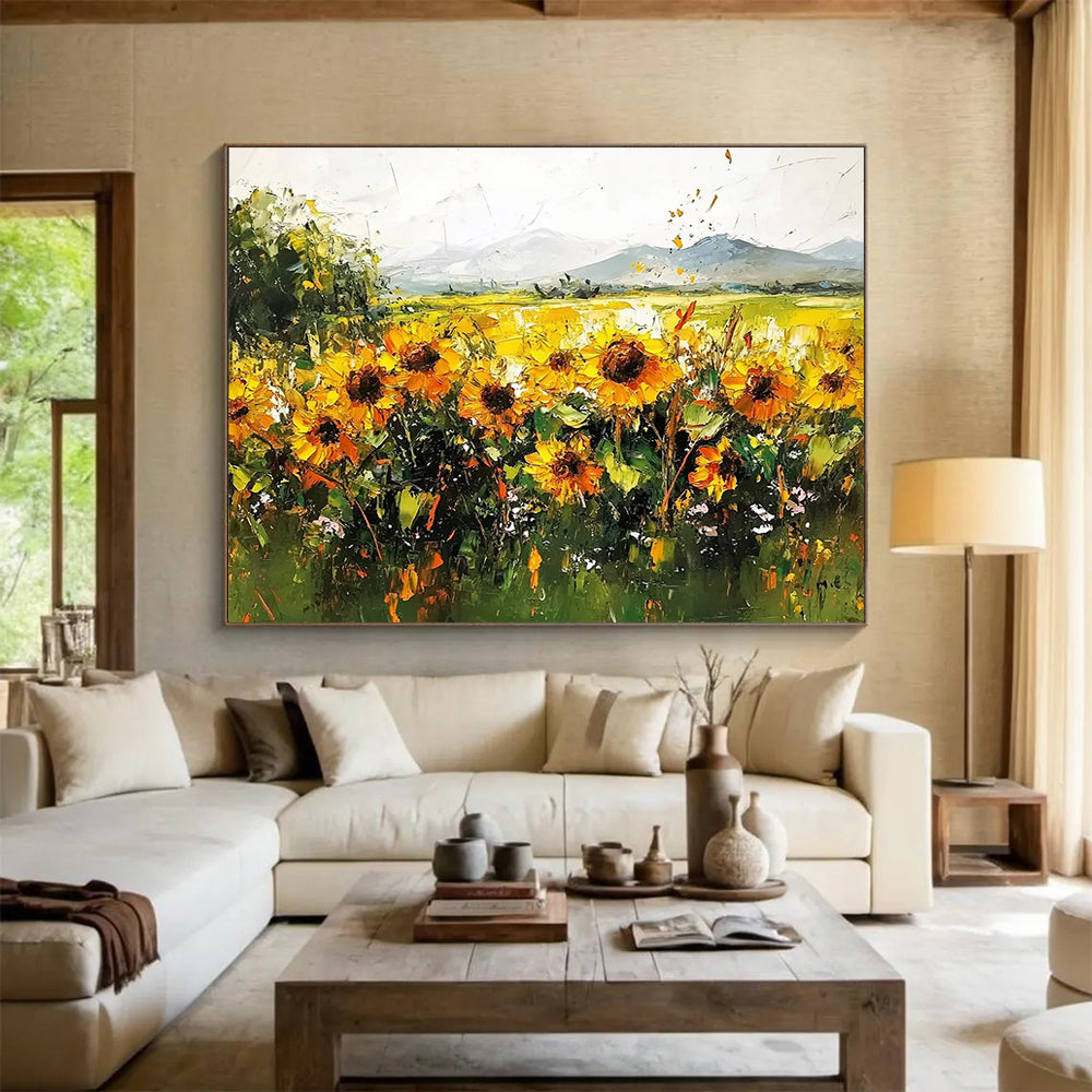 “Sunflower Field Impasto” - Thickly painted sunflowers in gold and green, Impasto Landscape Painting On Canvas HB0542