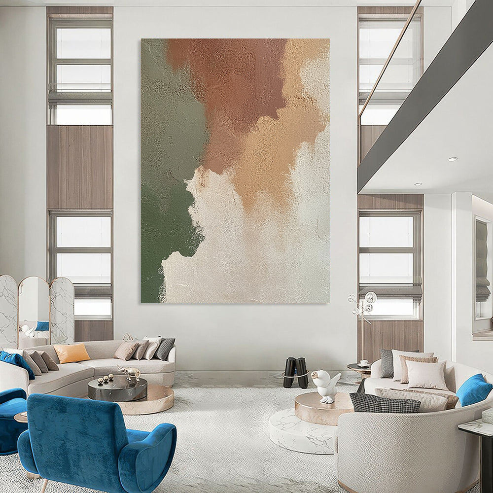 Contemporary abstract artwork featuring an irregular blend of beige, brown, and green on an off-white wall, perfect for modern decor. DLZ1197