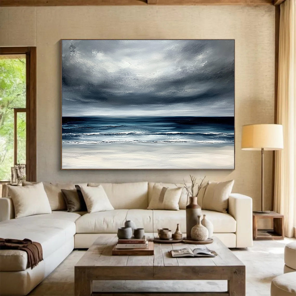 Gray, Blue, White and Beige Dramatic Seaside "Stormy Horizon" Painting On Canvas HB0675