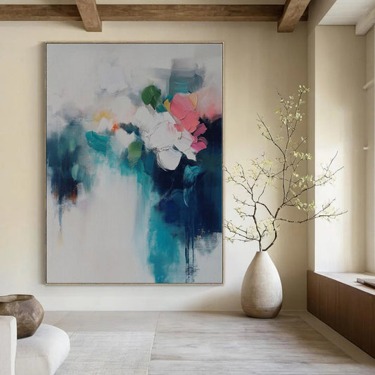 Large-Scale Hand-Painted Contemporary Abstract Canvas for Dining Room Above Sideboard Cabinets