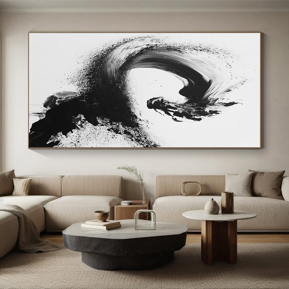 Black Curved Brushstroke with Splatter - “Flowing Enso Energy” Painting On Canvas HB245