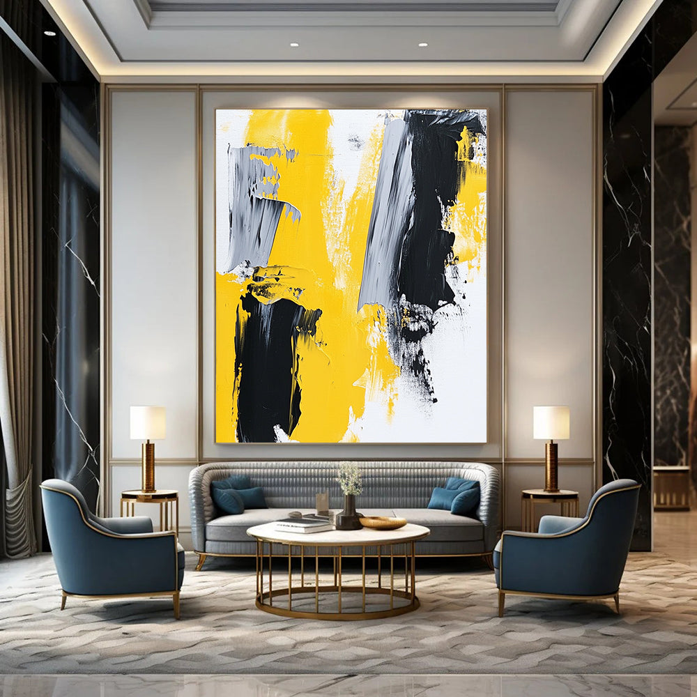 Large contemporary hand-painted abstract art featuring thick brush strokes in yellow and grey on a white background reflecting minimalism and modern expression. DLZ0774