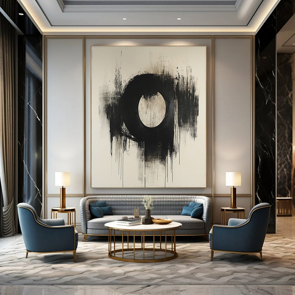 Contemporary abstract masterpiece featuring an oval in dark grey and beige on canvas with a textured finish showcasing artistic elegance. DLZ0859
