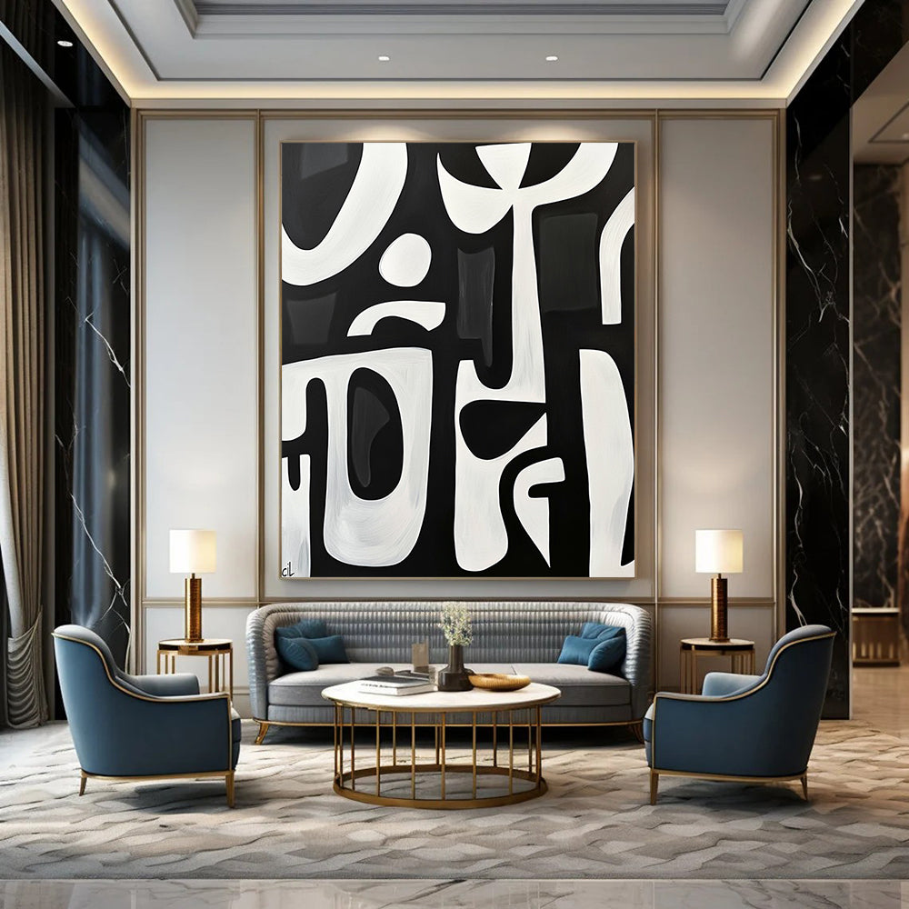 Large contemporary hand-painted abstract artwork featuring bold white shapes on a black background with minimalist design and elegant simplicity. DLZ1426